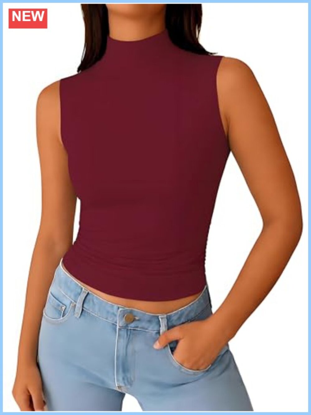 Mock Turtleneck Sleeveless Tank Top Modal Ruched Slim Fit Layering Women's Top